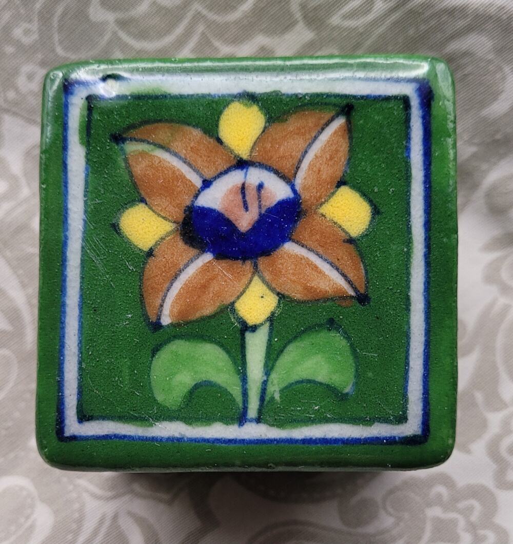 Vintage Ceramic Talavera Green Floral Hand Painted Jewlery Trinket Box, Wedding